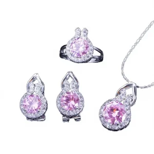 Pink Rhodium Cubic Zircon Stone Series 3pcs Pendant Earrings Necklace Ring Fashion Women Engagement Gift Costume