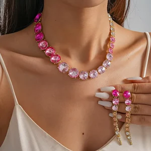 Pink Round Crystal Necklace and Earrings Set Gradient Rhinestone Statement Bridal Jewelry