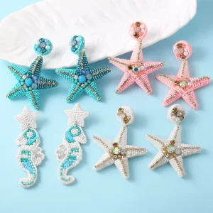 Pink Seed Beads Starfish Earrings Summer Beach Jewelry Oorbellen Handmade Seahorse Dangle Earrings 2506 Ersa251