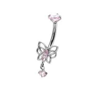 Pink Series F136 Titanium Jewelry Heart Shaped Zircon Pendant Belly Ring Cute Ladies Pierced Butterfly Navel Nail