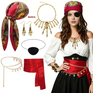 Pirate Costume Accessories Headscarf Belt Necklace Eye Patch Set Women Masquerade Dress Performance Halloween Cosplay Party