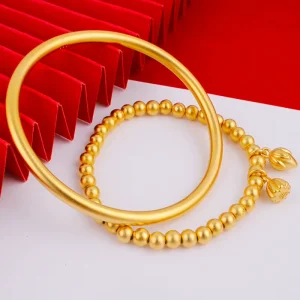 Placer Gold Two life joy Lotus Seedpod Trendy Gift Bright Brass Gold Plated Women’s Bangle Ancient Inheritance