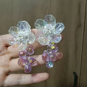 Plastic Silver-needle Trendy Crystal Flower Beaded Tassel Stud Earrings Fresh Sweet Elegant Fashionable New-design Women’s Ear