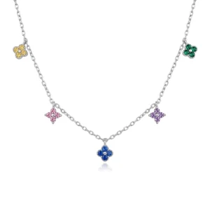 Plata 925 Sterling Silver Rainbow Colors Zircon Four Leaf Clover Charm Necklace Bracelet for Women