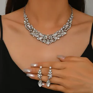 Platinum Plated Alloy Fashion Synthetic Crystal Engagement Jewelry Set Necklace for Women Party Gift