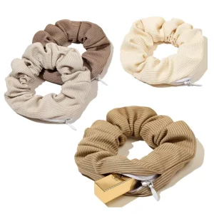Pocket Scrunchies Hair Ties with Hidden Zipper Stash Scrunchy Ponytail Holder Brown Series
