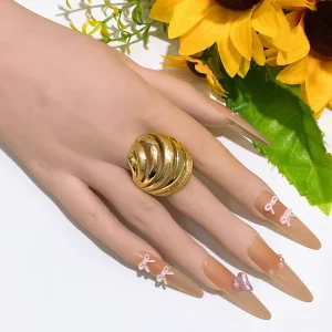 Polished Gold Plated Layered Swirl Statement Ring Retro Curved Wide Band Ring Luxury Textured Chunky Finger Jewelry