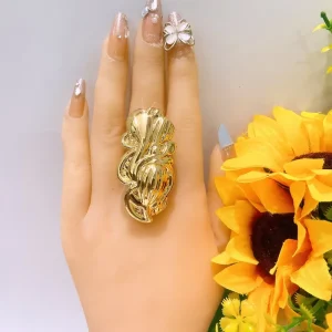 Polished Gold Plated Layered Swirl Statement Ring Retro Curved Wide Band Ring Luxury Textured Chunky Finger Jewelry