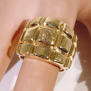 Polished Gold Plated Layered Swirl Statement Ring Retro Curved Wide Band Ring Textured Chunky Finger Jewelry
