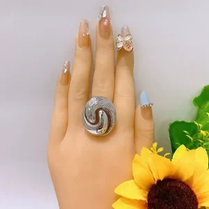 Polished Silver Swirl Textured Statement Ring Retro Round Spiral Chunky Adjustable Finger Ring