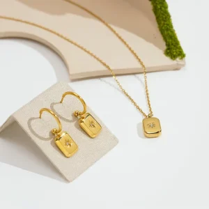 Polished Zircon Rectangle Pendant Necklace and Earring 18k PVD Gold Plated 316L Stainless Steel Jewelry Sets