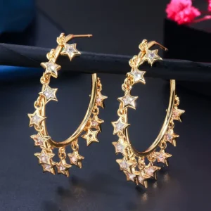 Popular 18k Gold Filled Dangling Lucky Star Charms Hoop Circle Round Earrings for Ladies Fashion Elegant Cubic Zircon Jewelry
