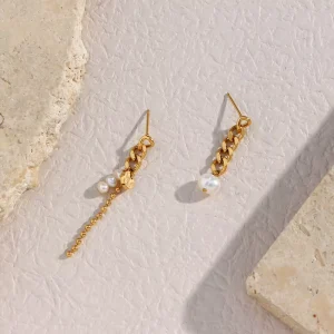 Popular Design Fashion Asymmetrical Unique Drop Pearl Chain Earrings 316l Stainless Steel Jewelry 18k Pvd Gold Earrings Jewelry
