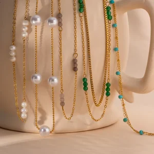 Popular Fashionable Pearl Necklace Set Stainless Steel 18K Gold Plated Pearl Multi Layer Necklace