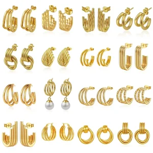 Popular Items Bulk Geometric Multi Layer Splicing 18K Gold Plated Stainless Steel Fashion Fine Jewelry Stud Earrings for Women