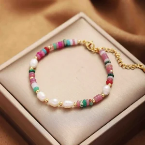 Popular Pick Customized Gold Plated Alloy Colorful Beads Chain Pearl Trendy Spring Inspired Women Fashion Bracelet Bangle