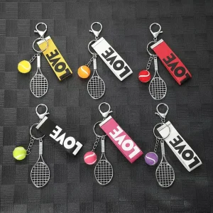 Popular Sporty Fashion Trend Mini Tennis Racket & Ball Keychain with UV Printing PVC Material