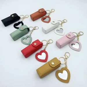 Portable Red Lipstick Mini Makeup Mirror Girls’ Keychain Zero Wallet PU Leather Envelope Pendant Gift Packaging Waterproof