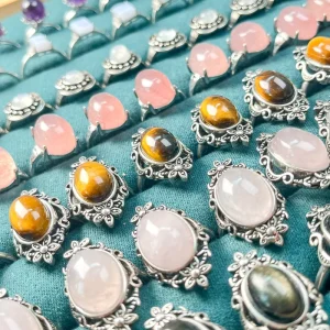 Precious Gemstone Natural Crystal Rose Quartz Moss Agate Aquamarine Moonstone Jewelry Ring For Valentines Gift