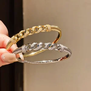 Premium Curb Chain and Ribbed Texture Pavé Crystal Fashion Bracelet Stainless Steel Trendy Bangle Gift