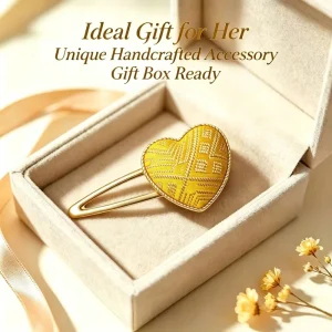 Premium Custom Zhuang Brocade Gold Plated Heart Shaped Yellow Geometric Hair Snap Clip for Women With ICH Artisan Craft