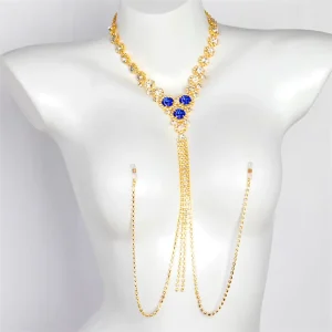 Premium European Style Blue Sapphire Rhinestone Body Chain for Women Fashion Luxury Party Jewelry
