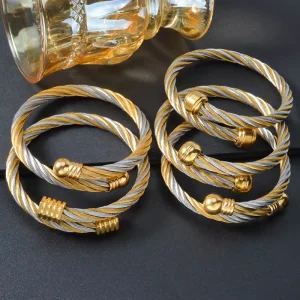 Premium Fashion Charm Bracelet Steel Wire Rope Winding Open Design Gold Plated Bangle