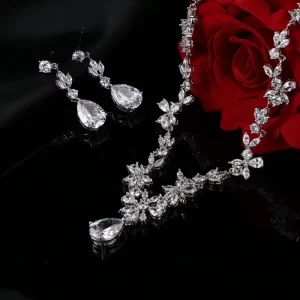 Premium Fashion Water Drop Diamond Studded Plant Floral Design Jewelry Crystal Pendant Earrings Necklace Bridal Set