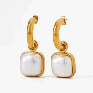 Premium Light Luxury Stainless Steel Vintage Square Pearl Stud Earrings Unisex Trendy Customized
