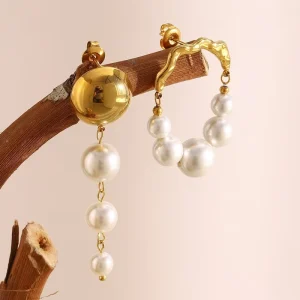 Premium Trendy 18K Gold Plated Stainless Steel Geometric Pearl Design Artistic Earrings Daily Wear & Gifting Jewelry