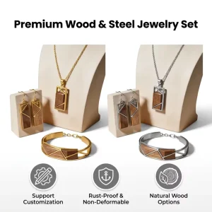 Premium Wood & Stainless Steel Jewelry Set for Women Geometric Pendant Necklace Earrings Bracelet 3PCS Gift Set