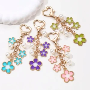 Pretty Colorful Flower Pearl Enamel Key Chain Cute Spring Plant Series Bag Charms for Friends Gift