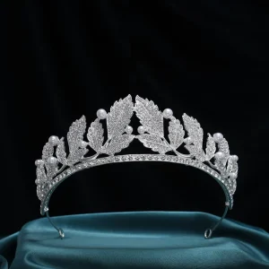 Pretty Elegant Rhinestone Leaf Pearl Tiara Bridal Wedding Party Accessories Crown
