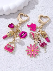 Pretty Rose Red Bag Lips Flamingos Lipstick Enamel Metal Keychain Lovely Heart Animals Key Ring Women Girls Handmade Jewelry Set