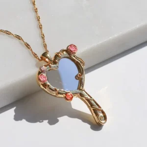 Princess Mini Mirror Pendant Necklace Copper Alloy Material Fashion Clavicle Chain Cute Girl’s Fairy Tale Charm Necklace