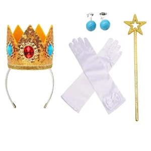 Princess Peach Dress up Accessories Tiara Crown Wand Earrings Gloves Set for Girls Birthday Holiday Party Costume