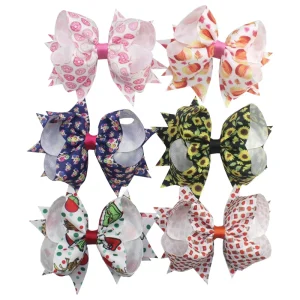 Printing Ribbon Double Stacked Hair Bows Children’s Pink Hair Accessories Hair Clips for Girls