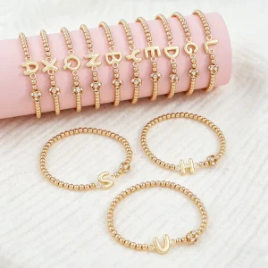Promotion Simple Gold Plated Bead Words Tennis Jewelry Fashion Bling Diamond Initial Alphabet A Z Name Bracelet for Girls Teens