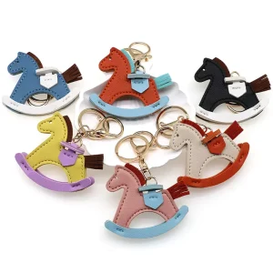Promotional Gift 24 Colors Key Bag Backpack Charms Cute Leather Rocking Horse Keychain Accessories