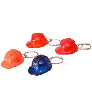 Promotional Gift Light Plastic Safety Helmet Keychain Iron Metal with 3 Stripes Silk Screen Printing