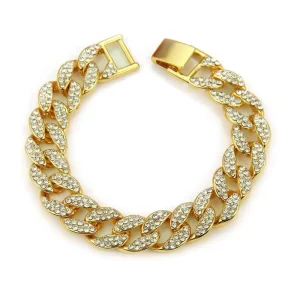 Pulsera De Cadena Cubana Stock Alloy and Diamond Hip Hop 15mm Cuban Chain Bracelet