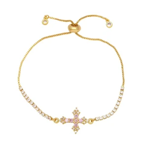 Pulsera De Cruz Large Tennis Chain Bracelets Adjustable Colorful Cubic Zirconia CZ Cross Charm Bracelet for Women