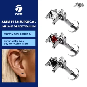 Punk ASTM F136 Titanium Heart Bat shape Zircon Body Piercing Jewelry Flat Back Rod Labret Lip Stud