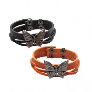 Punk Butterfly Leather Bracelet Vintage Metal Charm Multi Layer Wrap Wristband Adjustable Snap Closure