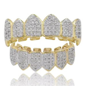 Punk Fashion Gold Zircon Iced Silver Gold Plated Body Jewelry Dental Trendy Unisex Irregular Fangs Grillz Sets CZ