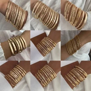 Punk Gold Plated Multi layered Bangles Bamboo Wave Twist Design Bracelet Set for Women Fashion Jewelry