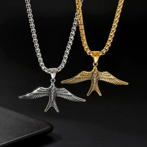 Punk Hip Hop 18k Gold Plated Stainless Steel Animal Bird Wings Pendant Necklace Charm Polished Link Chain Necklace