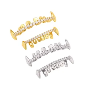 Punk Hip Hop Bar Bridge Tooth Grillz 18K Gold Plated Brass Iced Out Cubic Zircon Teeth Grills Fashion Body Jewelry