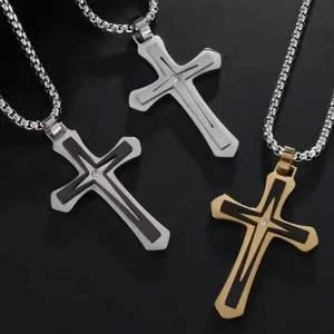 Punk Hip Hop Double Cross Necklace Bling Diamond Design Versatile Long Titanium Steel Couple Neck Ornament