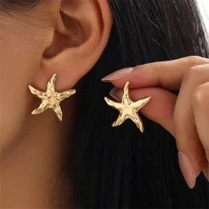 Punk Metal Starfish Stud Earrings for Women Girls, Gold Color Star Geometric Temperament Earrings
